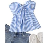 Top de Verano Mujer sin Tirantes con Volantes - Blusa Casual a Rayas Blanco y Celeste - Tallas S a L - Moda Juvenil 2025 (FR/ES, Letras, M, Regular, Regular, White and Blue)