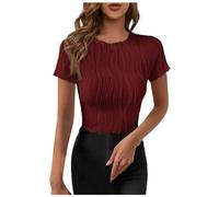 Top de verano para mujer, informal, manga corta, cuello redondo, corte estrecho, camisetas, top de punto básico, blusa texturizada, conjunto de top para mujer, Vino, L