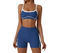 Top de yoga de alta elasticidad con tirantes en contraste, pantalones cortos sin costuras, ropa deportiva para entrenamiento, conjunto transpirable que realza la figura, azul oscuro, XL
