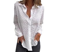 Top deportivo mujer calado manga larga camiseta mujer gran tamaño camisa lino verano top con botón camisas encaje blusa calado superior bordado top moda transpirable 2025 Tops, blanco, XL