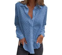 Top deportivo mujer calado manga larga camiseta mujer gran tamaño camisa lino verano top con botón camisas encaje blusa calado superior bordado top moda transpirable 2025 Tops, azul, XXX-Large