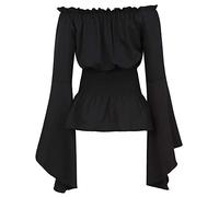 Top elegante de manga larga para mujer, blusa boho top talla grande camiseta gótica volantes pirata falda camisa cosplay top, Negro , M