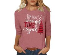 Top espalda con cordones para mujer, árbol de Navidad, manga 3/4, cuello redondo, tops cortos para mujer, Rosa., L