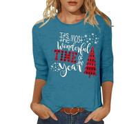 Top espalda con cordones para mujer, árbol de Navidad, manga 3/4, cuello redondo, tops cortos para mujer, azul claro, M