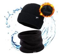 TOP-EX Gorro de invierno impermeable cortavientos para hombre y mujer, gorro de punto cálido con forro polar, gorro transpirable para correr y esquiar, protección contra la lluvia, 55-65 cm, Negro Set