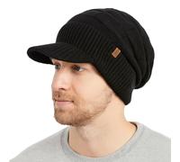 TOP-EX PolarWool 100% lana merino L/XL/XXL forro polar Slouchy gorro de punto con visera cálido gorro de invierno para hombre y mujer, Negro , M-L