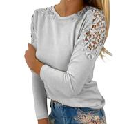 Top Femme Chic Y Elegante - Camisa para mujer, Tops Patchwork Calado, manga larga, chaquetas, transpirable, camiseta de cuello redondo, camisa relajada, chaquetas, color puro, camiseta juvenil, b, S