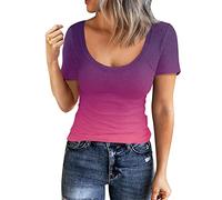 Top for Women Short Sleeve Scoop Neck Ribbed Fitted Knit Shirt Basic Tight Tshirts Gradient Tops Ladies Summer Slim Fit Shirts Casual Basic Blouse Going out T-Shirts E-60