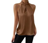 Top halter mujer elegante satén sin mangas camiseta mujer hombros descubiertos top mujer blusa monocolor mujer tops verano tops ligero y delgado blusa de verano, marrón, M