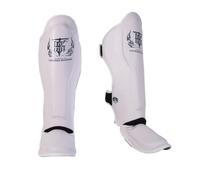 Top King New Pro - Espinilleras de piel para Muay Thai, color blanco, talla M