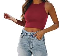 Top largo con encaje muselina fiesta top mujer monocolor sexy camisola cuello redondo sin mangas chaleco básico tops para mujeres elegante túnicas casuales camiseta sin vientre para mujer D#, rojo, L