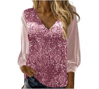 Top Lentejuelas Mujer 2025 Lentejuelas Cuello en V Manga Larga Camisetas Casuales Brillante Elegantes Sueltas Blusas y Camisas Tallas Grandes Fiesta Chic Clubwear Casual T-Shirt Top