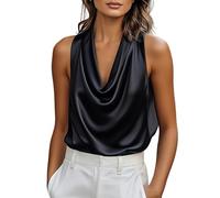 Top Mujer 2026 de seda satinada con halter, cuello drapeado suave, anudado en la parte posterior, sin mangas, blusa elegante, adecuada para ropa de negocios casual, trabajo y eventos formales, Le Noir