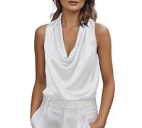 Top Mujer 2026 de seda satinada con halter, cuello drapeado suave, anudado en la parte posterior, sin mangas, blusa elegante, adecuada para ropa de negocios casual, trabajo y eventos formales, blanco