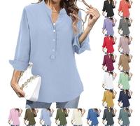Top Mujer Algodón Lino, Blusas Y Blusas Mujer Gran Tamaño, Camisa Cuello Alto Blusa Color Sólido Blusa con Botón Top Manga Larga Top Leger Ropa Leger Loungewear Oficina Camisa, Sky Blue, XXX-Large