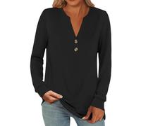 Top Mujer Chic Y Elegant Túnica Mujer Larga Chic Túnica Cuello V con Botones Túnicas Doblado Tops Color puro Básico Camisa Simple Tops Transpirable Túnica Casual Camisetas de Algodón, Negro , L