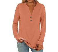 Top Mujer Chic Y Elegant Túnica Mujer Larga Chic Túnica Cuello V con Botones Túnicas Doblado Tops Color puro Básico Camisa Simple Tops Transpirable Túnica Casual Camisetas de Algodón, dorado, S