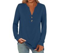 Top Mujer Chic Y Elegant Túnica Mujer Larga Chic Túnica Cuello V con Botones Túnicas Doblado Tops Color puro Básico Camisa Simple Tops Transpirable Túnica Casual Camisetas de Algodón, azul, XXX-Large