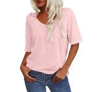 Top Mujer Manga Corta Camisas Monocolor Verano Cuello V Camiseta Básica Blusa Casual Transpirable Camiseta de Manga Corta Holgada Blusa de Verano Clásica Tops Tops Algodón Túnica Tops Tops, Rosa., L