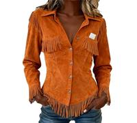 Top occidental para mujer, camisa vintage con flecos, cuello en V, manga larga, blusa de ante, traje de vaquera ropa casual y moderna para festival de los años 70, 2naranja, M