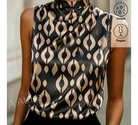 Top para mujer, chaleco de satén sin con estampado de geométrico en y beige, con cuello , elegante y , ropa para mujer, elegante y casual, adecuado para desplazamientos, citas y casual, un gran regalo