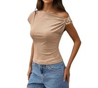 Top para mujer con escote asimétrico y hebilla decorativa. Camiseta RIPP ajustada con un solo hombro | Elegante parte superior para fiestas y citas, Style_c04 Khaki, XXL