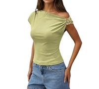 Top para mujer con escote asimétrico y hebilla decorativa. Camiseta RIPP ajustada con un solo hombro | Elegante parte superior para fiestas y citas, Style_c03 Verde, 3XL