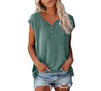 Top para mujer, cuello de pico, manga corta, camisetas con botón, elegante, túnica, monocolor, suelta, ligera, básica, camiseta, verde, M
