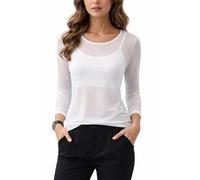 Top para mujer de malla transparente de manga larga, Top de tul de segunda piel, ideal superposición con caraco, look chic de noche, blanco, Talla única