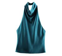 Top para mujer de seda satinada lujosa con cuello halter, cuello alto drapeado, elegante espalda desnuda, sin mangas, fluido y glamour, perfecto para salidas y ocasiones especiales Chic, El Noirish