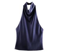 Top para mujer de seda satinada lujosa con cuello halter, cuello alto drapeado, elegante espalda desnuda, sin mangas, fluido y glamour, perfecto para salidas y ocasiones especiales Chic, azul marino