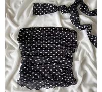 Top para mujer, novedad, tipo bandeau de con cintas, crop top de malla elástica plisada ZLLZ