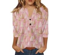 Top para mujer tallas grandes fitness Navidad moda camisa manga 3/4 Navidad Comfy cuello en V Profundo Blusa fea de Navidad para mujer elegante y elegante camiseta, 01#light Pink, M