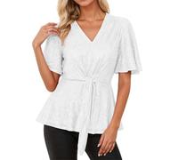 Top Plateado Mujer-Top Fiesta,Blusa Tipo Camiseta con Escote En V, Manga Corta Acampanada, Cuello con Brillo Y Lazo Al Frente, Ideal para Uso Diario, Tanto para Ocasiones Informales como De Fiesta.