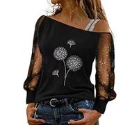 Top Shirt D Andelion Impreso Malla Manga Larga Encaje Elegante Sexy Hombro Frío Camiseta Top Senderismo Camiseta, Negro , M