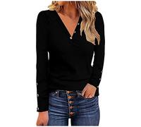Top Shirt Solid Manga Larga Slim Fit Bottoming Top Casual Cuello en V Elegante Blusa con Botones Blusa de Seda Negro, Negro , M