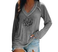 Top Shirts Casual V-Cuello de Manga Larga Camiseta Casual Love Letter Impreso Camiseta Casual Blusa Suelta Top Disfraz Mujer, gris, XL