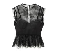 Top sin mangas de encaje para mujer, cuello en V, fajas, Negro , M