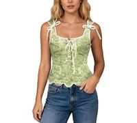Top tipo corsé con borde de encaje floral para escote bajo en la parte delantera y trasera con detalle de lazo, ropa moldeadora con cordones para una figura elegante y cómoda de usar todo (Green, L)