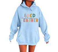 Top transparente mujer unisex otoño e invierno compartimento profesor carta impresión manga larga bolsillo capucha polar sudadera pareja suéter Navidad, azul claro, XL