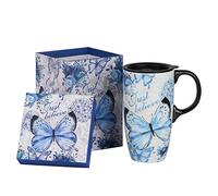 Topadorn Taza de café de cerámica con tapa y caja a juego, 17 onzas. Mariposa, Just Believe