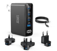 Topadre 100W Cargador de Viaje USB-C, Convertidor de Enchufe Adaptador de Viaje Plegable de 4 Puertos con Enchufes para Reino Unido/UE/AU, Carga rápida para MacBook Pro/Air, iPad Pro, Negro