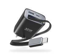 TOPADRE Cargador USB C 30W, 85CM Retráctil Cable Carga Rápida Tipo C, GAN 3-Puertos USBC Enchufe para iPhone 16/15/14/13, para Google Pixel 8 Pro/8A, iPad, Galaxy S25 S24 S23 y más, Negro