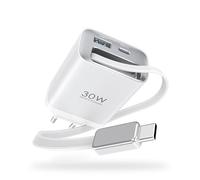 TOPADRE Cargador USB C 30W, 85CM Retráctil Cable Carga Rápida Tipo C, GAN 3-Puertos USBC Enchufe para iPhone 16/15/14/13, para Google Pixel 8 Pro/8A, iPad, Galaxy S25 S24 S23 y más, Blanco