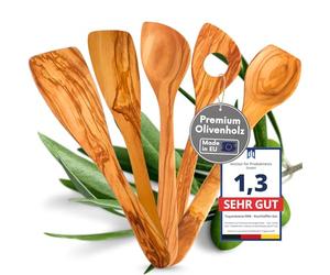 TOPANBIETER 999 Hochwertiges 5-teiliges Küchenlöffelset, Made in EU, 3 Löffel und 2 Spatel, nachhaltiges Olivenholz, langlebig und antibakteriell, Küchenhelfer-Set