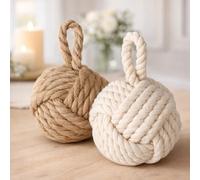 TOPANBIETER 999 Juego de 2 topes decorativos para puerta de yute natural y blanco crema, soporte para puerta, tope de suelo, tope para puerta, nudo natural, bola de punto con trabilla, aprox. 1,5 kg