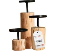 TOPANBIETER 999 Juego de 3 candelabros, diseño redondo de madera de eucalipto y metal, altura 8-22 cm, elegante candelabro para velas de pilar, moderno candelabro decorativo de mesa en negro/marrón