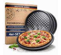 TOPANBIETER 999 Juego de 4 bandejas para pizza de 32 cm de diámetro, bandeja para pizza y tarta de fuego de acero perforada, revestimiento antiadherente, bandeja crujiente para base extra crujiente