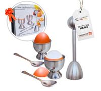 TOPANBIETER 999 Juego de 5 cucharillas para huevos de acero inoxidable - Abrehuevos con 2 hueveras y 2 cucharas - Cascanueños, abridor de huevos, cortador de cáscaras de huevo, cortador de huevos