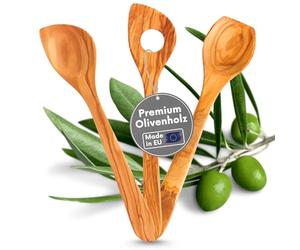Topanbieter999 Juego de 3 Cucharas de Cocina de Aceitunas - Fabricadas en Alemania, de Madera de Olivo, Sostenible, Antibacteriana - Incluye Cuchara para Servir y Puntiaguda de 30 cm